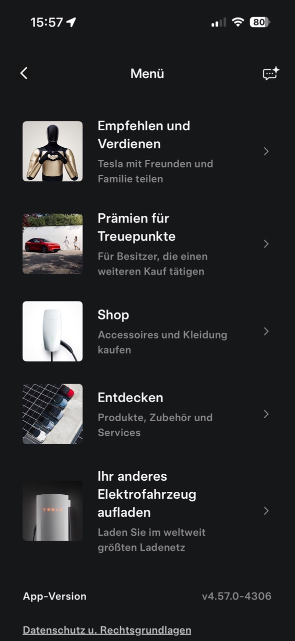 Tesla Weiterempfehlungs-Code - Screenshot von Menü