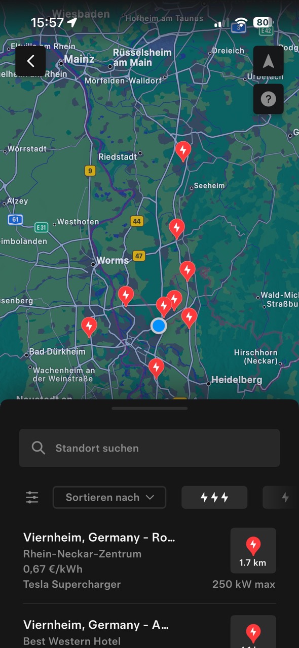 Tesla Weiterempfehlungs-Code - Screenshot von Superchargern